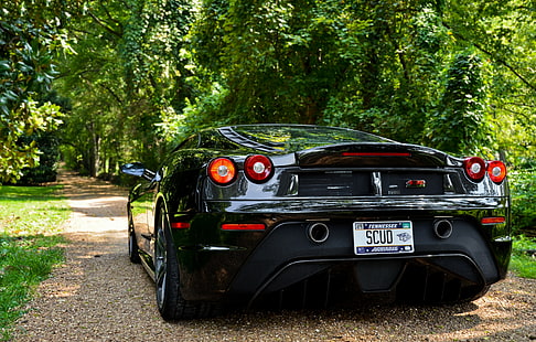 Ferrari F430 Scuderia, voiture de sport noire, Ferrari, f430, noire, scuderia, Ferrari F430 Scuderia, chernie, zadok, ombre, arbres, Fond d'écran HD HD wallpaper