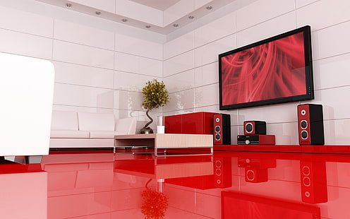 salas de estar, fotografia, vermelho, sofá, TV, alto-falantes, HD papel de parede HD wallpaper
