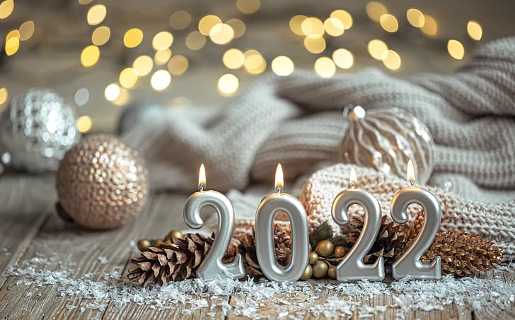 bolas, resplandor, velas, Navidad, año nuevo, golpes, 2022, Fondo de pantalla HD