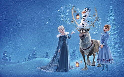 Disney Disney Frozen tapet, vinter, skog, snö, träd, tecknad film, kvällen, rådjur, ljus, snögubbe, Anna, Walt Disney, Elsa, Olaf, Olaf och kallt äventyr, Olaf's Frozen Adventure, HD tapet HD wallpaper