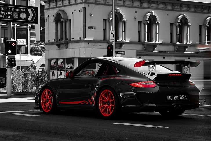 black and red Porsche sports car, photo, 997, Porsche, b/W, red, white, details, black, GT3, tone, Marcus Curran Photography, HD wallpaper