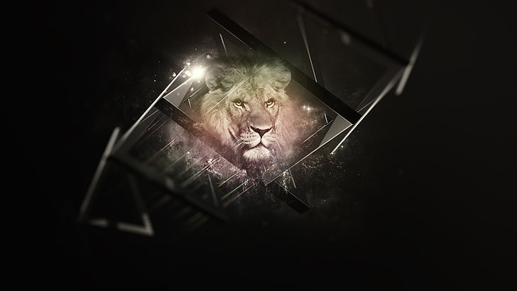 lion digital art illustration, nature, animals, artwork, lion, digital art, black background, triangle, lights, 3D, HD wallpaper