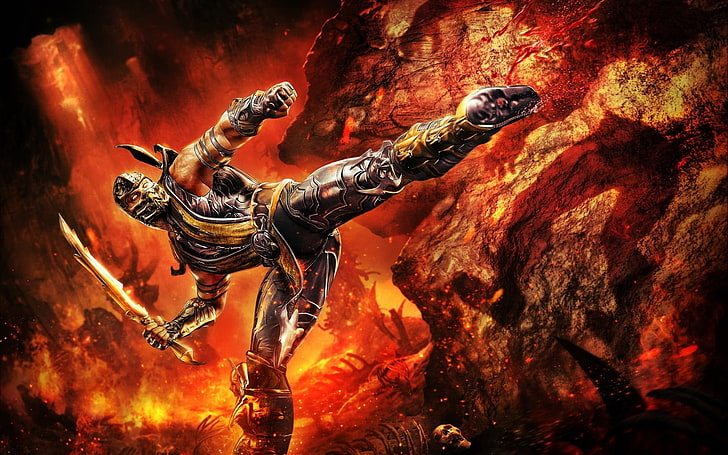 person holding sword illustration, Mortal Kombat, video games, fire, kick, Scorpion (character), HD wallpaper