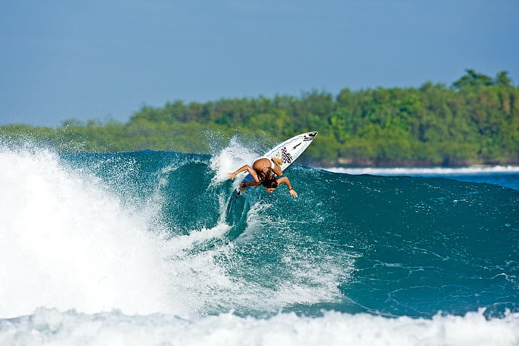 women, tropical, surfing, surfboards, HD wallpaper
