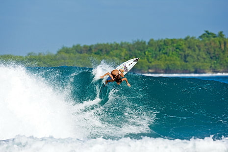 women, tropical, surfing, surfboards, HD wallpaper HD wallpaper