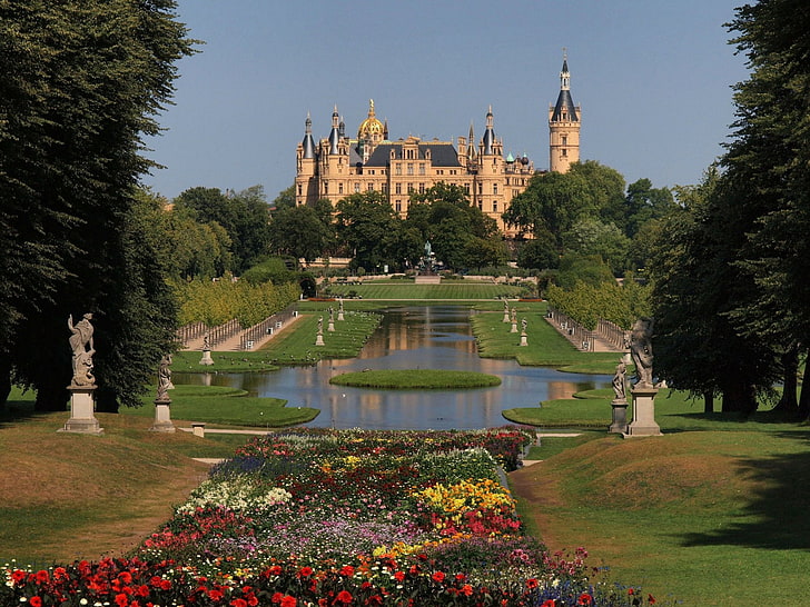 Дворцы, Шверинский дворец, Архитектура, Замок, Цветок, Германия, Парк, Статуя, HD обои
