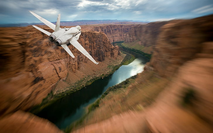 самолет самолет небо природа облака гора река долина каньон движение размытие скала аэрофотоснимок птичий глаз Макдоннелл Дуглас f 18 шершень, HD обои