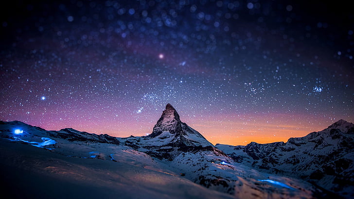 природа, небо, атмосфера, Маттерхорн, Швейцария, явление, ночь, гора, снег, горный хребет, звезда, арктика, замерзание, HD обои