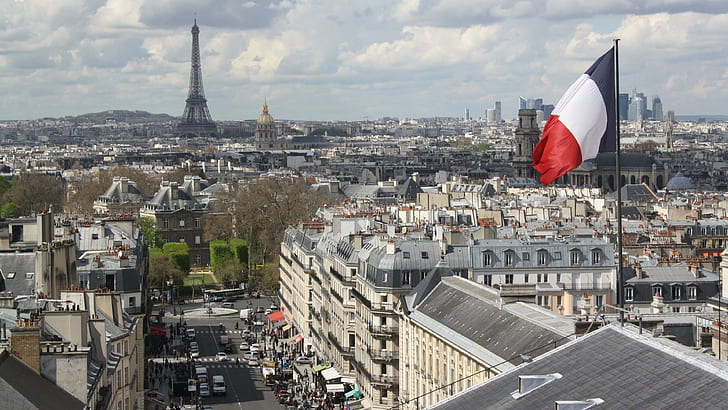 París, Francia, bandera de Francia, bandera, Europa, edificios, paisaje urbano, urbano, arquitectura, bandera nacional, torre Eiffel, techo, Fondo de pantalla HD