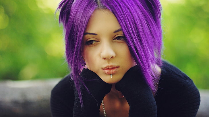 женщины, фиолетовые волосы, пирсинг, HD обои