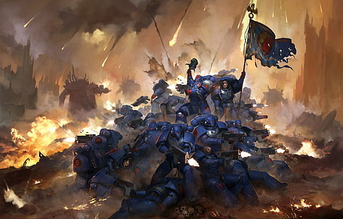 Warhammer, Warhammer 40K, rustning, strid, flagga, rymd marin, krigare, vapen, HD tapet HD wallpaper