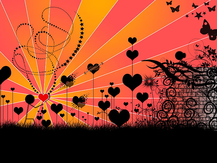 Verlieben HD, Herzen, Reben und Schmetterlinge Silhouette Tapete, Liebe, in, fallen, HD-Hintergrundbild