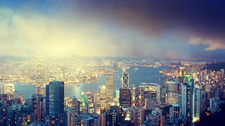 灰色の都市の建物、都市、香港、 HDデスクトップの壁紙
