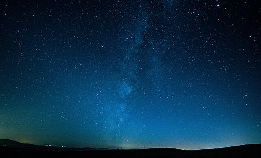 computadora portátil negra y azul, naturaleza, paisaje, estrellas, noche, cielo nocturno, larga exposición, cian, azul, estrellas fugaces, Fondo de pantalla HD HD wallpaper