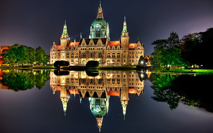 New City Hall Hanover Germany, yellow and green castle, World, Germany, beautyful, night, HD wallpaper