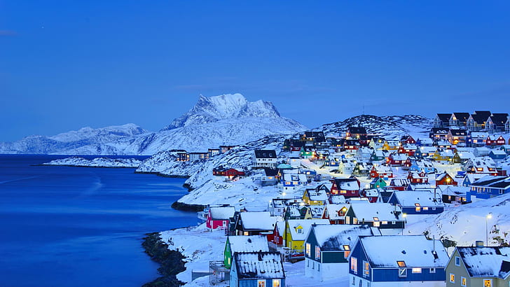 winter, sea, snow, mountains, lights, home, Greenland, Nuuk, HD wallpaper