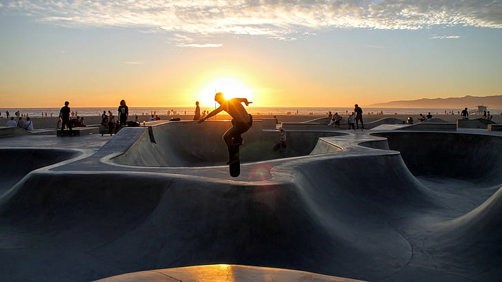 skateboard, tramonto, sport, piste, Sfondo HD
