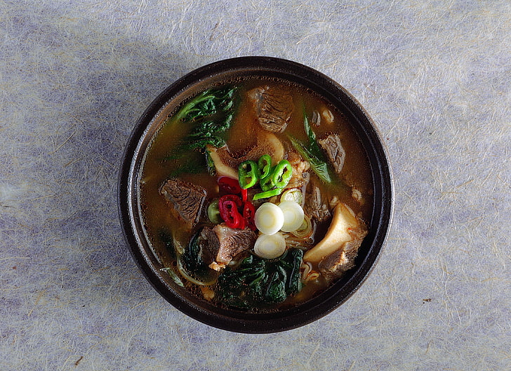 beef stew, soup, beef, greens, onions, top, HD wallpaper