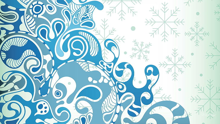 Зимняя Голубая волна, синие белые и бирюзовые обои с цветами и снежинками, волна, персонаж Firefox, абстракция, снежинки, синий, зеленый, зима, 3d и аннотация, HD обои