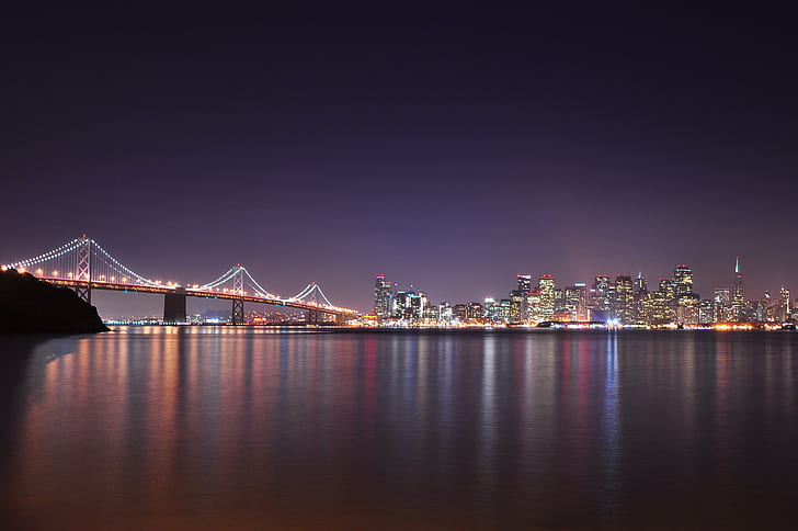 ville, lumières, urbain, pont, nuit, eau, Fond d'écran HD
