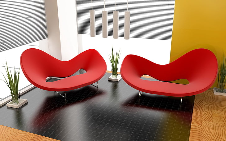 two red chaise lounges, design, interior design, apartment, room, red chair, plants, style, form, HD wallpaper