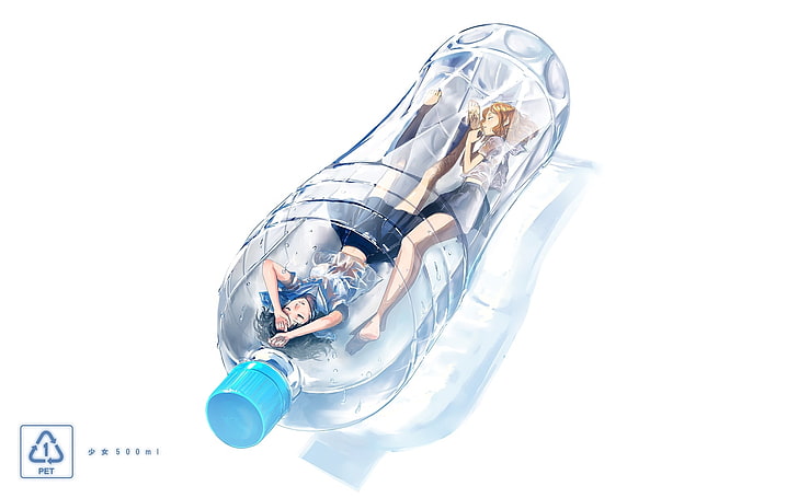 two female anime characters inside plastic bottle illustration, bottle, two, in the bottle, HD wallpaper
