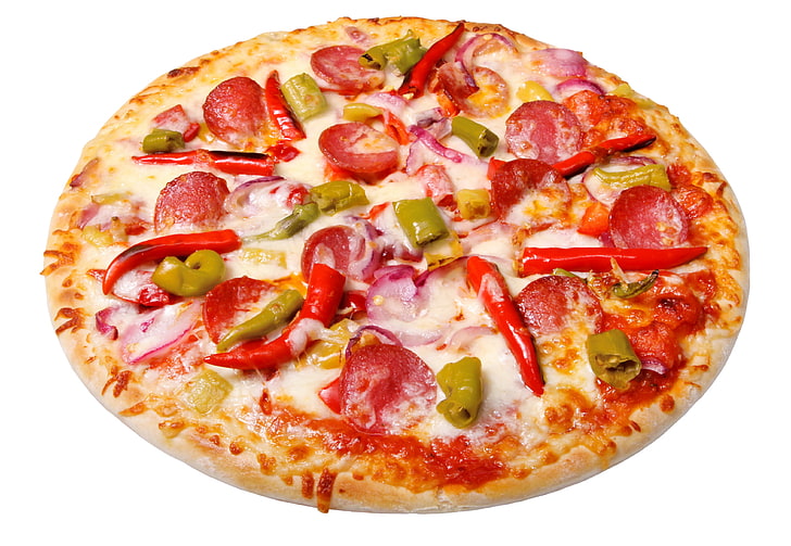 pizza de pepperoni y chile, pizza, queso, salchichas, verduras, al horno, Fondo de pantalla HD