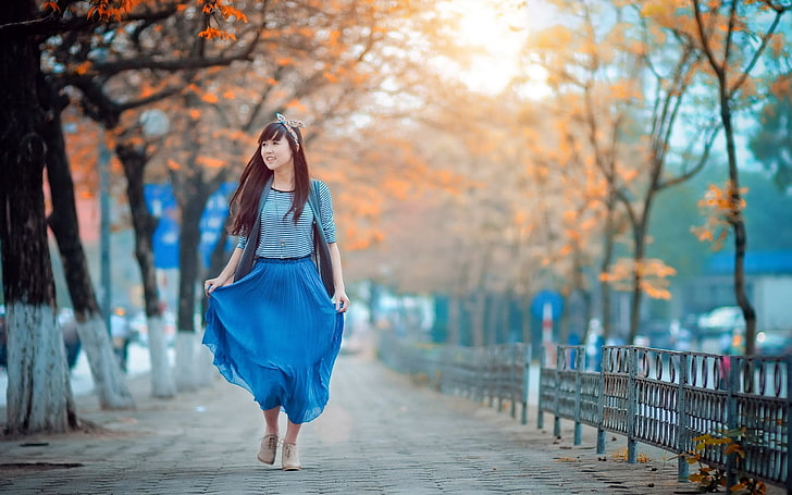 women's blue skirt, asian, girl, skirt, walk, city, HD wallpaper