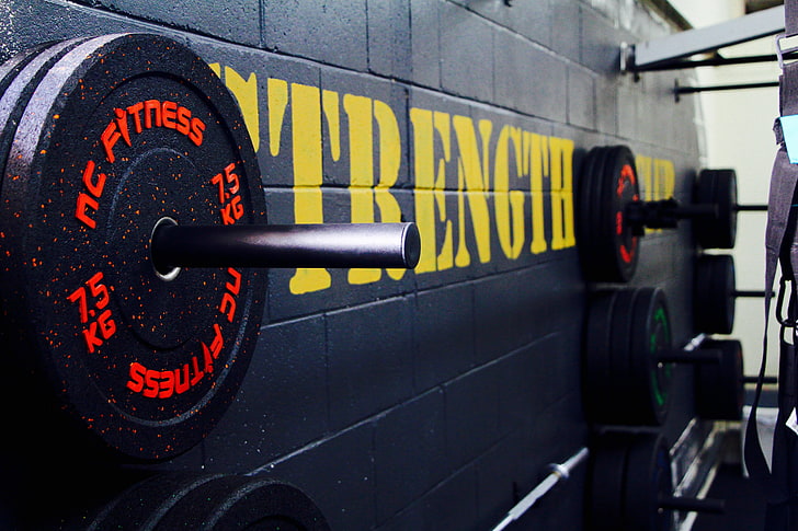 black weight plates, gym, disks, weight, bodybuilding, HD wallpaper