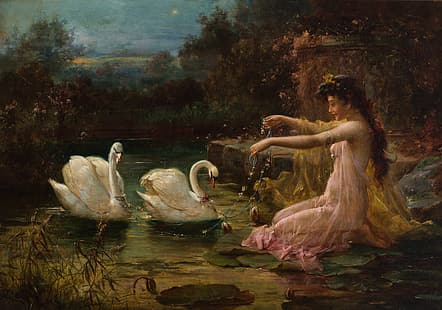  girl, oil, swans, Hans Zatzka, «At the Swan Lake», HD wallpaper HD wallpaper
