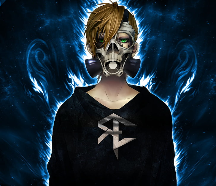 fondo de pantalla de personaje de anime masculino, máscaras de gas, anime, cráneo, fuego, rubio, reinelex, Fondo de pantalla HD