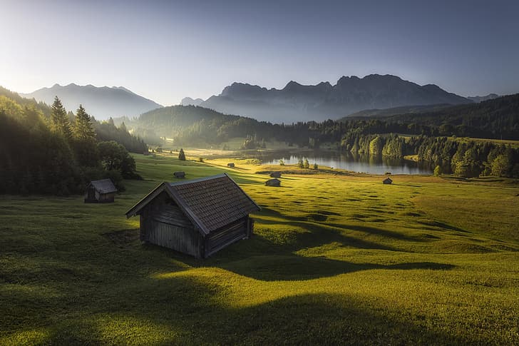 mountains, morning, houses, Bavarian Alps, HD wallpaper