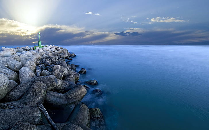 Seascape, view, lovely, rays, beautiful, sunset, rocks, seascape, peaceful, ocean, splendor, amazing, blue, HD wallpaper