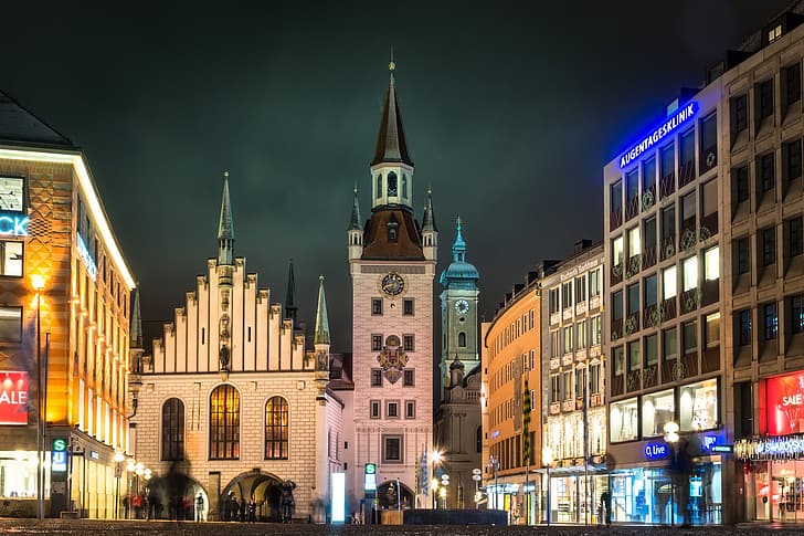Nacht, Lichter, Deutschland, München, Rathaus, HD-Hintergrundbild