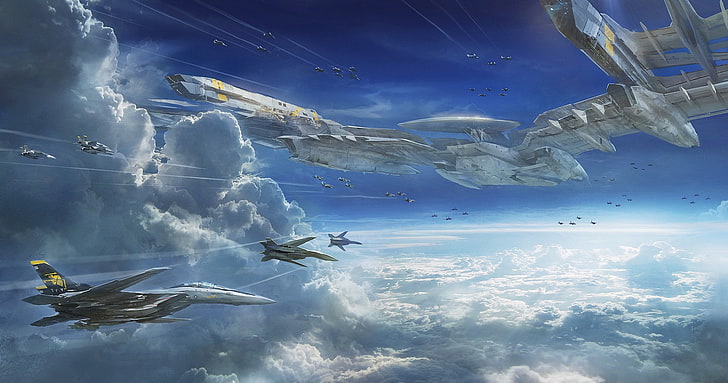 gray airplanes illustration, aircraft, futuristic, artwork, clouds, Sento Yosei Yukikaze, HD wallpaper