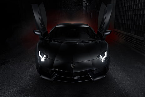 черен спортен автомобил, Lamborghini, черен, отворени врати, отпред, LP700-4, Aventador, гилотина, LB834, врати Lambo, HD тапет HD wallpaper