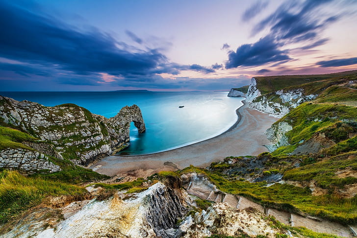 Inglaterra, costa jurásica, foto aérea de playa, playa, cielo, Inglaterra, costa jurásica y la puerta rocosa, Deral-Dor, extracto, Fondo de pantalla HD