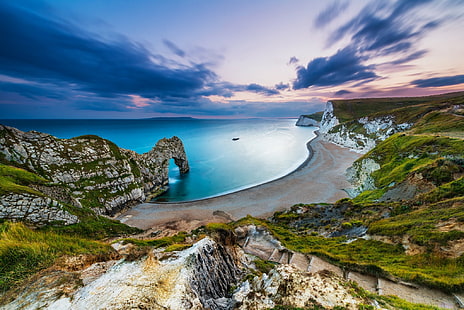 إنجلترا ، الساحل الجوراسي ، الصورة الجوية للشاطئ ، الشاطئ ، السماء ، إنجلترا ، الساحل الجوراسي ، والبوابة الصخرية ، Deral-Dor ، مقتطف، خلفية HD HD wallpaper