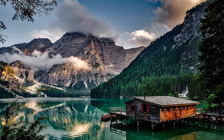 Lago Pragser, Italia, paisaje, lago, Fondo de pantalla HD
