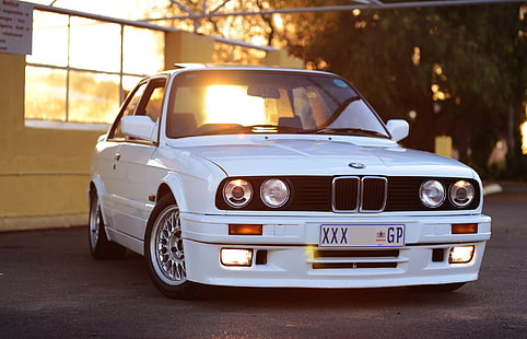 white BMW E30 coupe, BMW, white, front, E30, HD wallpaper HD wallpaper