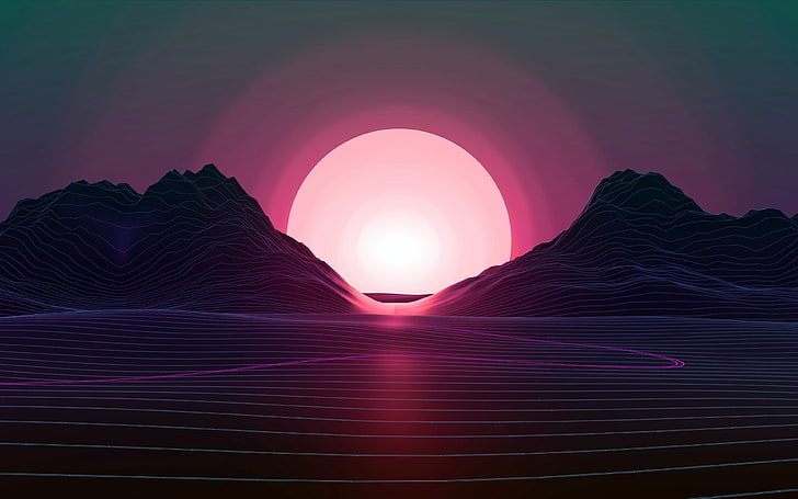 Retrowave Lines Ocean Hills Sunset Vector، خلفية HD