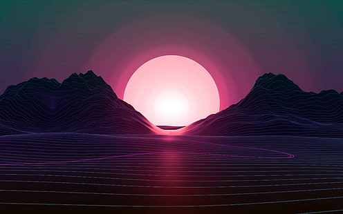 Retrowave Lines Ocean Hills Sunset Vector, Fondo de pantalla HD HD wallpaper