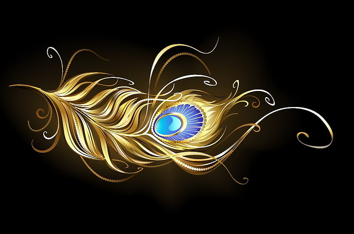 иллюстрация коричневого и голубого пера, абстракция, камень, золотое перо, HD обои