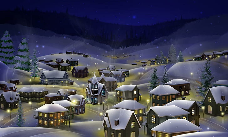 night, city, snow, christmas, holiday, christmas house and snow illustration, night, city, snow, christmas, holiday, HD wallpaper
