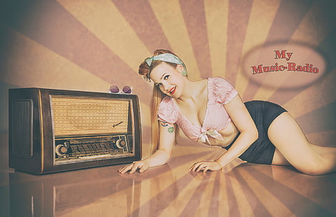 dziewczyna, retro, pin-up, RADIO TIME, Tapety HD HD wallpaper