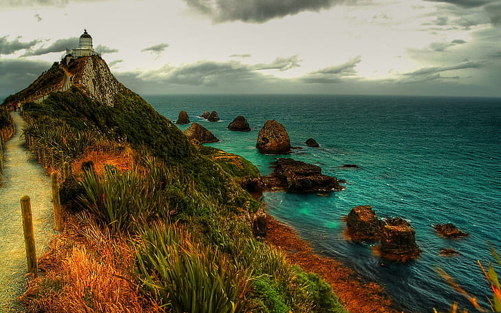 Phare sur une falaise sur la côte rocheuse Hdr, phare, serment, falaise, rochers, côte, nature et paysages, Fond d'écran HD