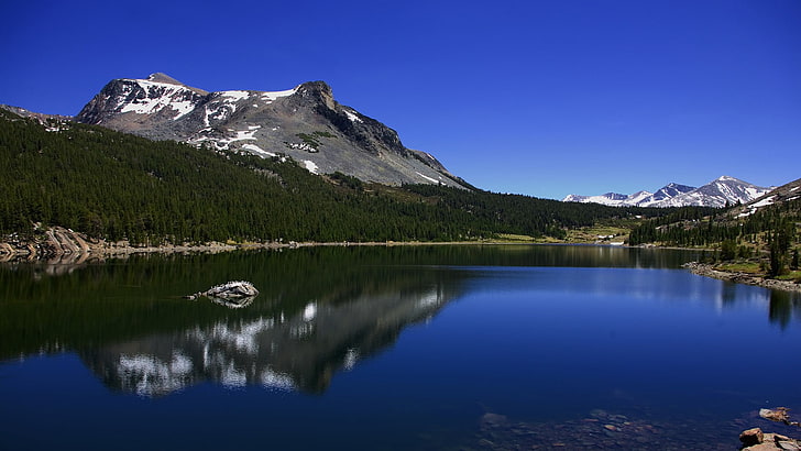 czarno-szary rower górski, krajobraz, przyroda, góry, odbicie, jezioro, Park Narodowy Yosemite, Jezioro Tioga, Tapety HD