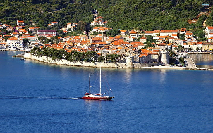 Korčula, Croacia, mar, paisaje urbano, yate, verano, vacaciones, Fondo de pantalla HD