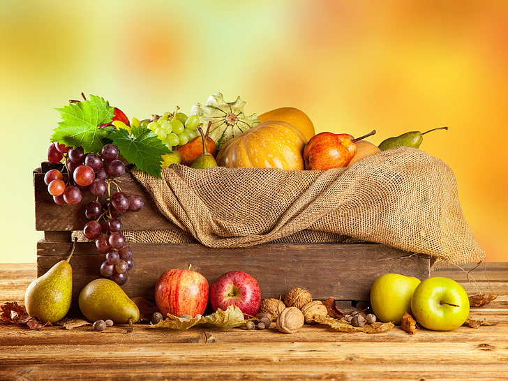 photo de fruits assortis, automne, pommes, récolte, raisins, citrouille, fruits, noix, boîte, légumes, poire, toile de jute, Fond d'écran HD
