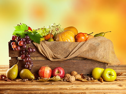 フルーツ盛り合わせ写真、秋、リンゴ、収穫、ブドウ、カボチャ、フルーツ、ナッツ、箱、野菜、梨、黄麻布、 HDデスクトップの壁紙 HD wallpaper